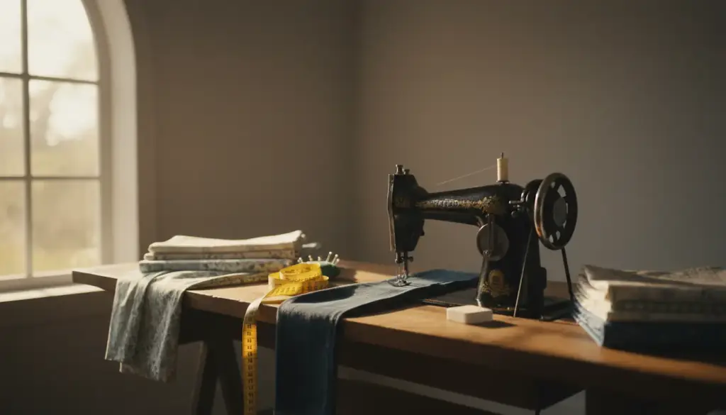 A vintage sewing machine, a pin cushion in a measuring tape and folded quilting cotton on a wooden table by a window