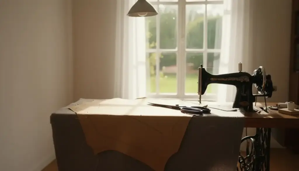Illustrative still of a pattern-drafting table with brown paper pieces, chalk lines and shears