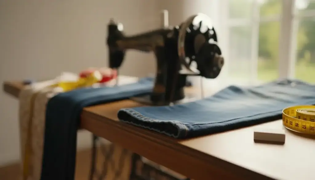 Freshly hemmed blue jeans on a sewing table beside a yellow measuring tape and tailor's chalk