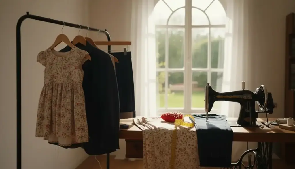 Illustrative still of a small rail of altered garments on wooden hangers