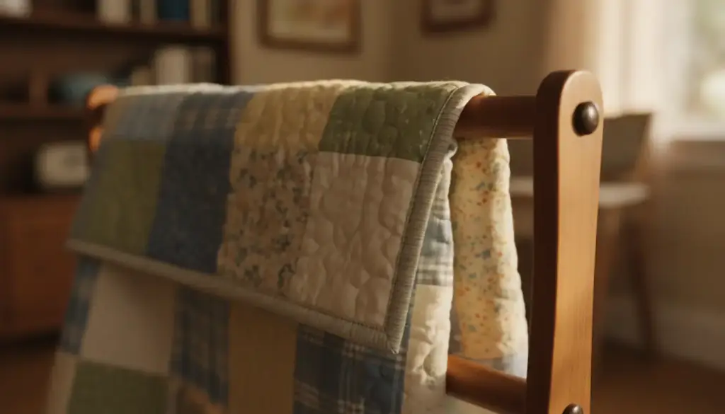 A patchwork quilt folded over a wooden quilt rack with its bound edge in focus