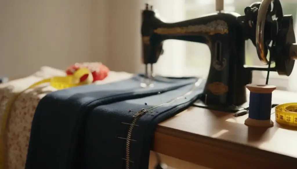 A zipper being set into a dark garment with pins along the seam and a spool of blue thread
